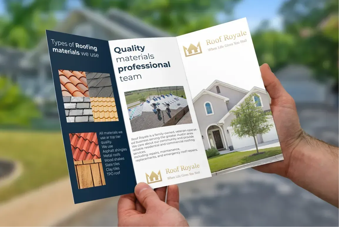 A person is holding a Roof Royale brochure.