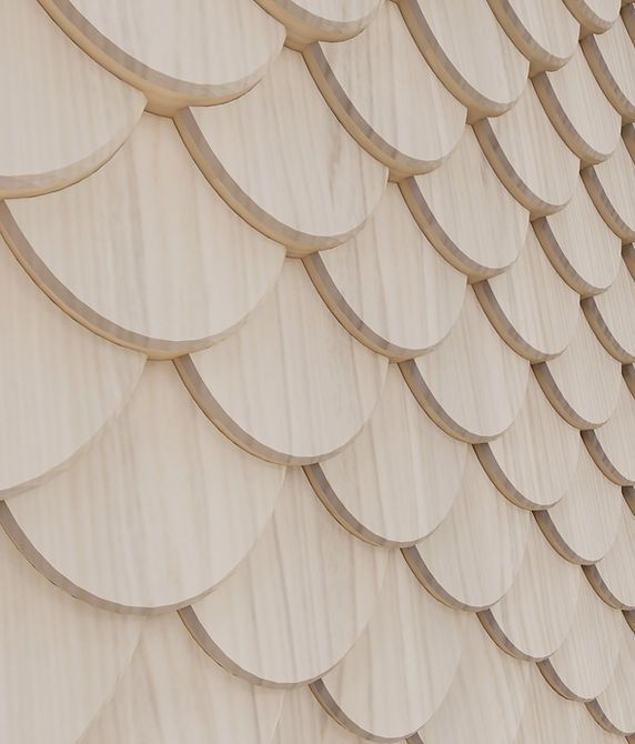 A close up of a row of wooden shingles on a wall.