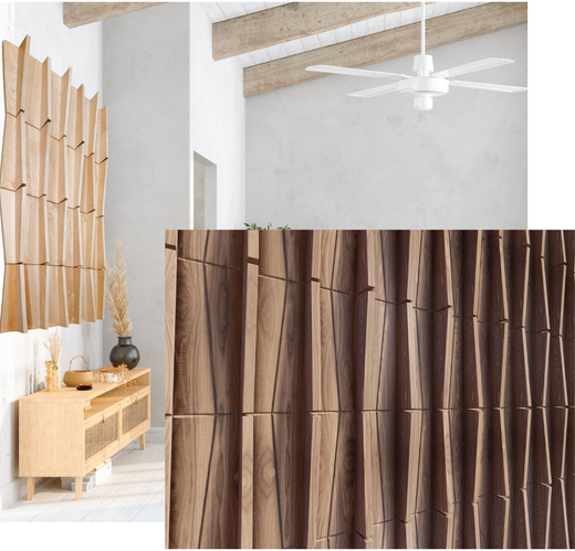 A room with a ceiling fan and a wooden wall