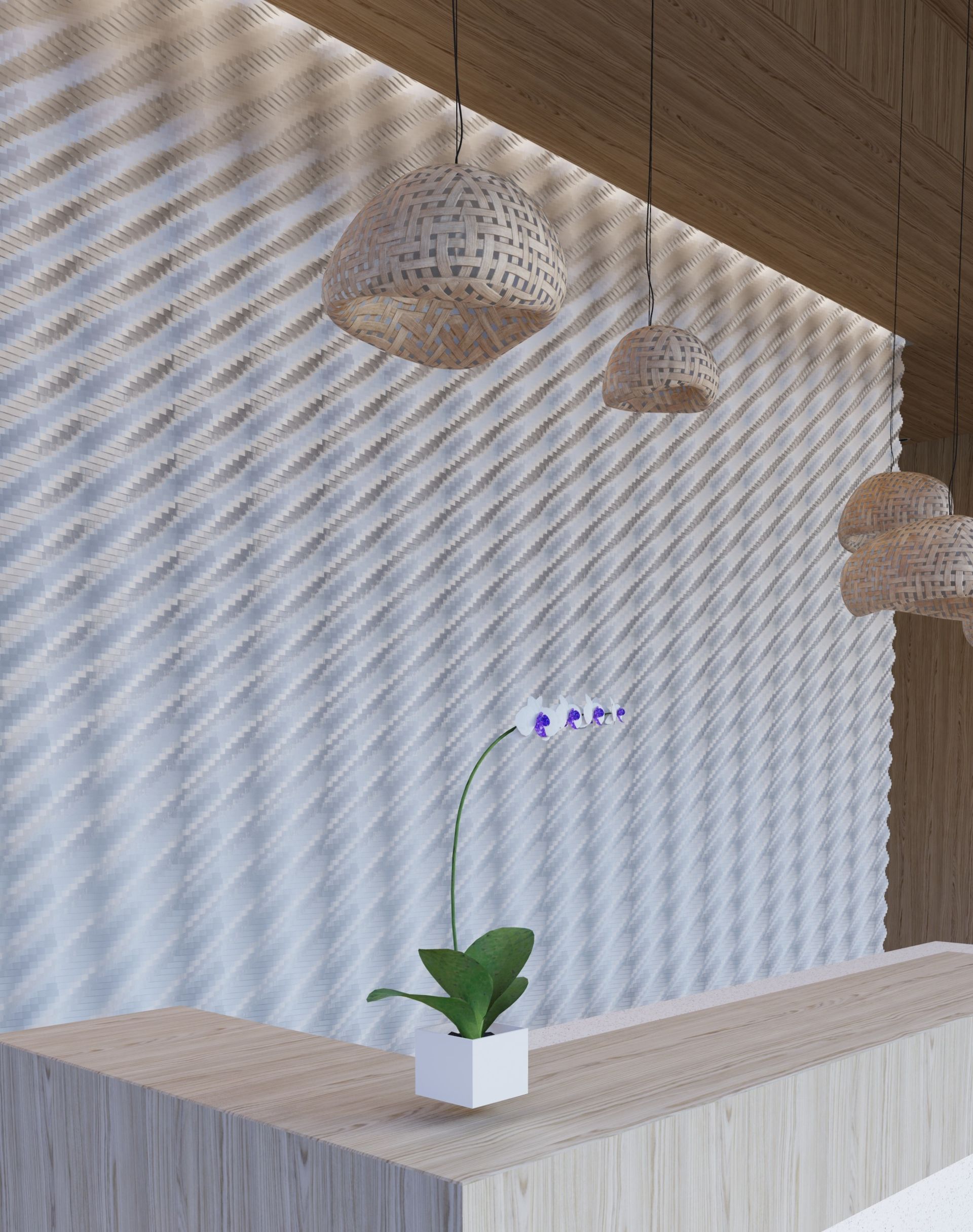 A flower in a vase is sitting on a counter in front of a white wall.