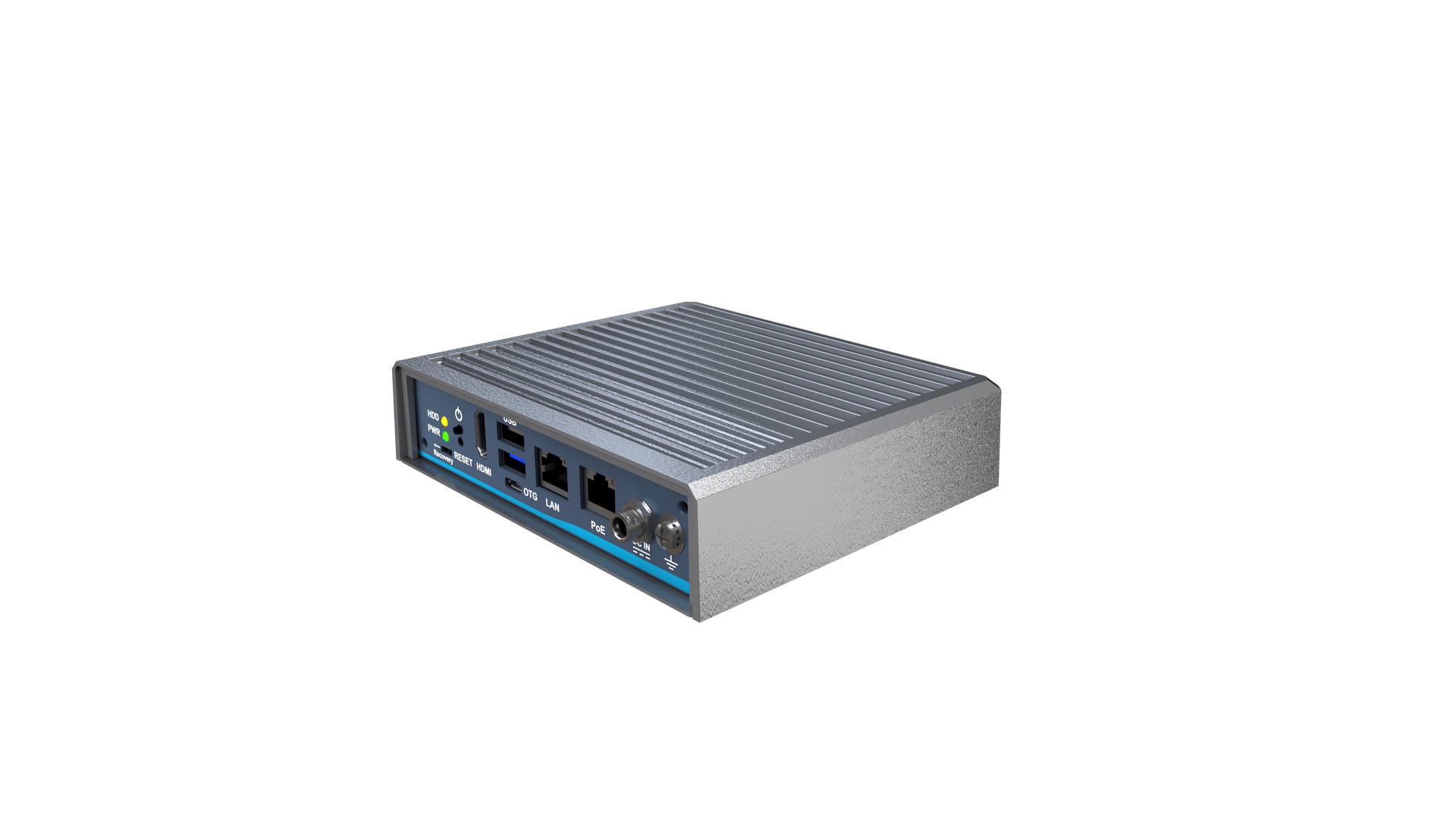 Una pequeña caja de computadora con muchos puertos sobre un fondo blanco.