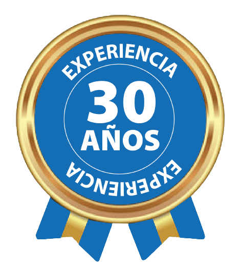 Una insignia azul y dorada que dice experiencia 30 años