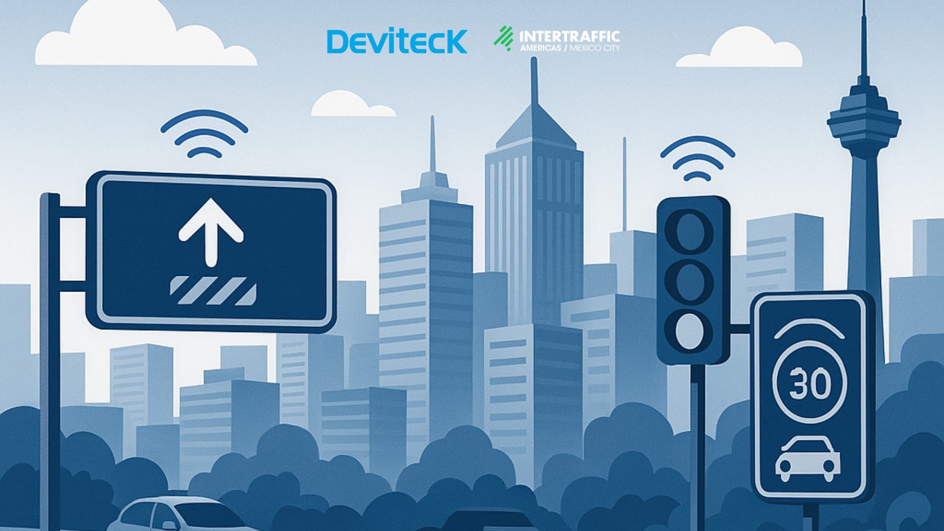 Una ilustración una ciudad inteligente con un PMV, un semáforo y radar de velocidad.