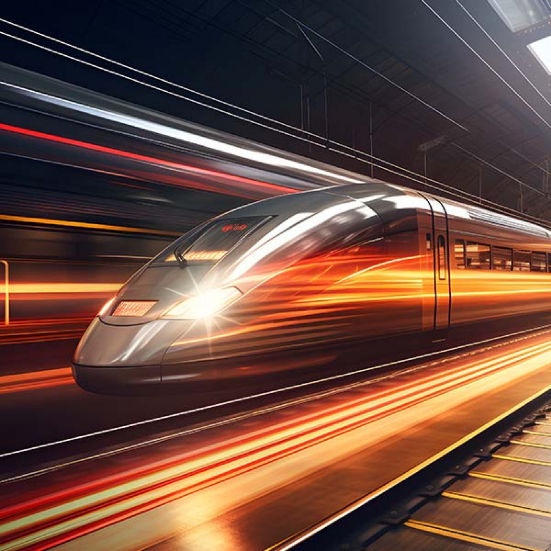 A high speed train is coming down the tracks at night.