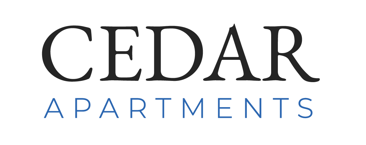 "CEDAR" in dark letters above "APARTMENTS" in a light blue.