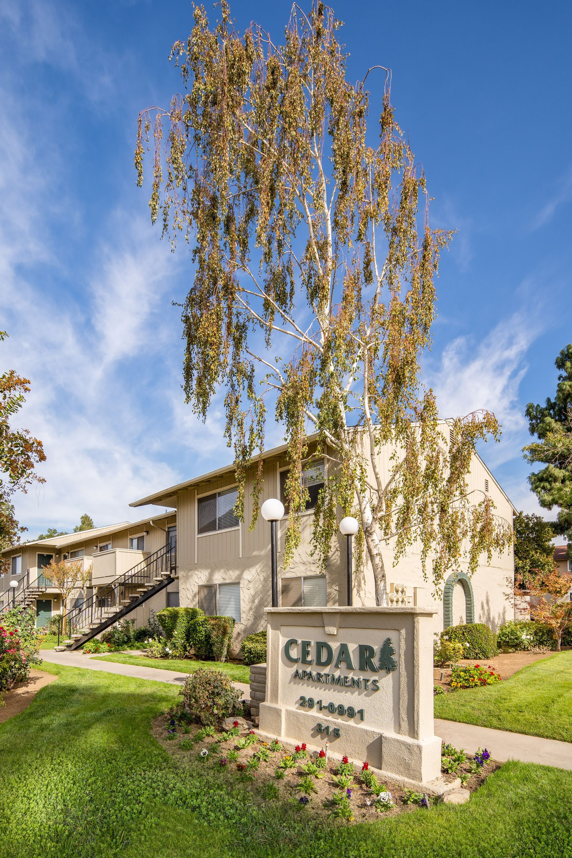Cedar Apartments sign in front of a two-story building, with a tree, green grass, and blue sky.