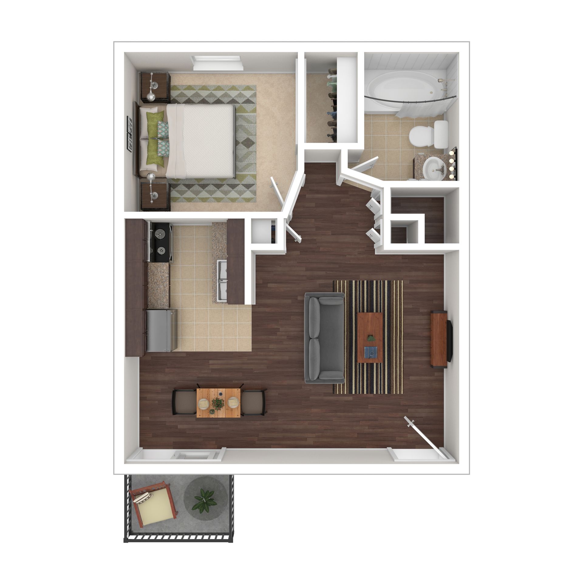 Floor plan of a one-bedroom apartment with a living room, kitchen, bedroom, bathroom, and balcony.