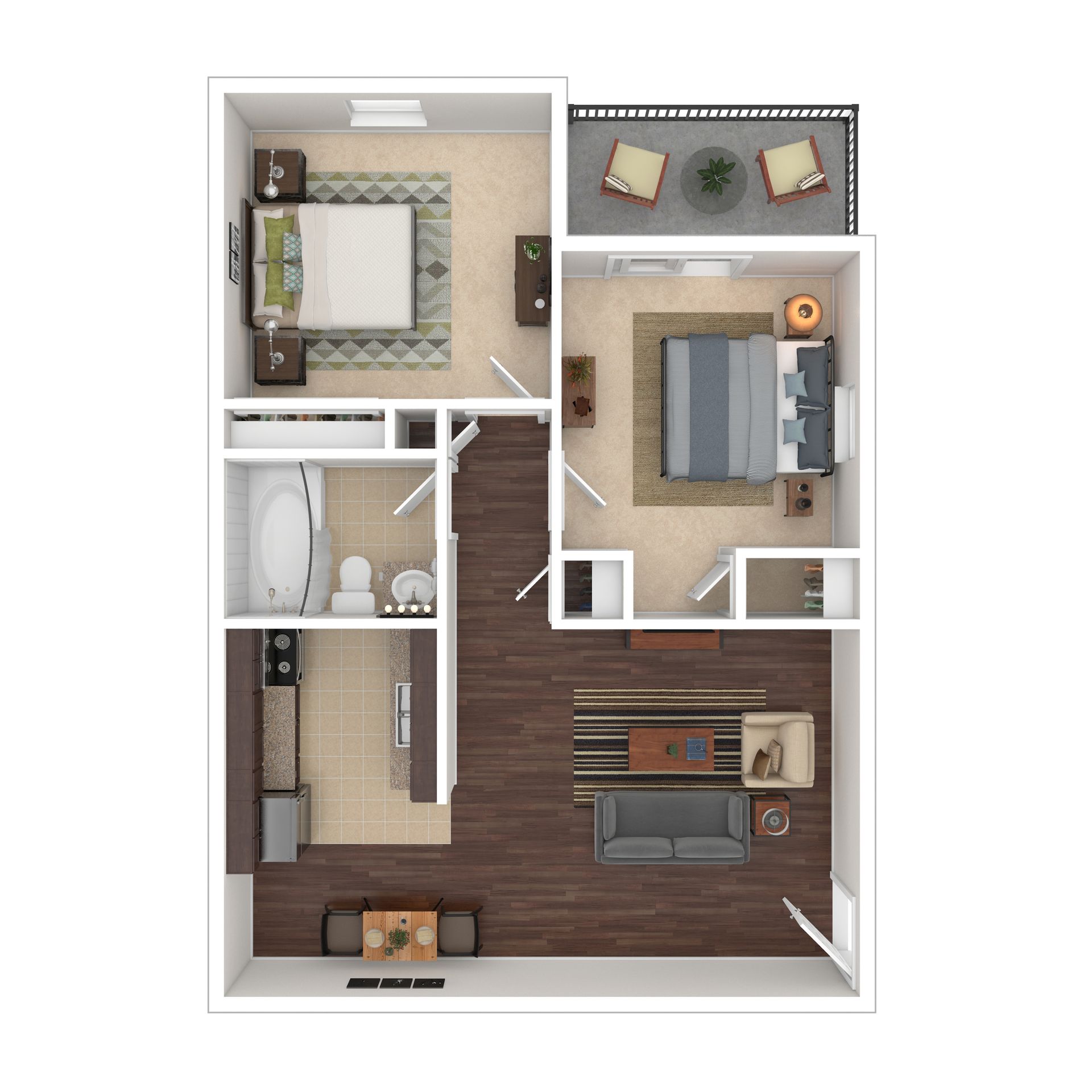 Floor plan of a two-bedroom apartment with a balcony, open kitchen, and living room with dark brown flooring.