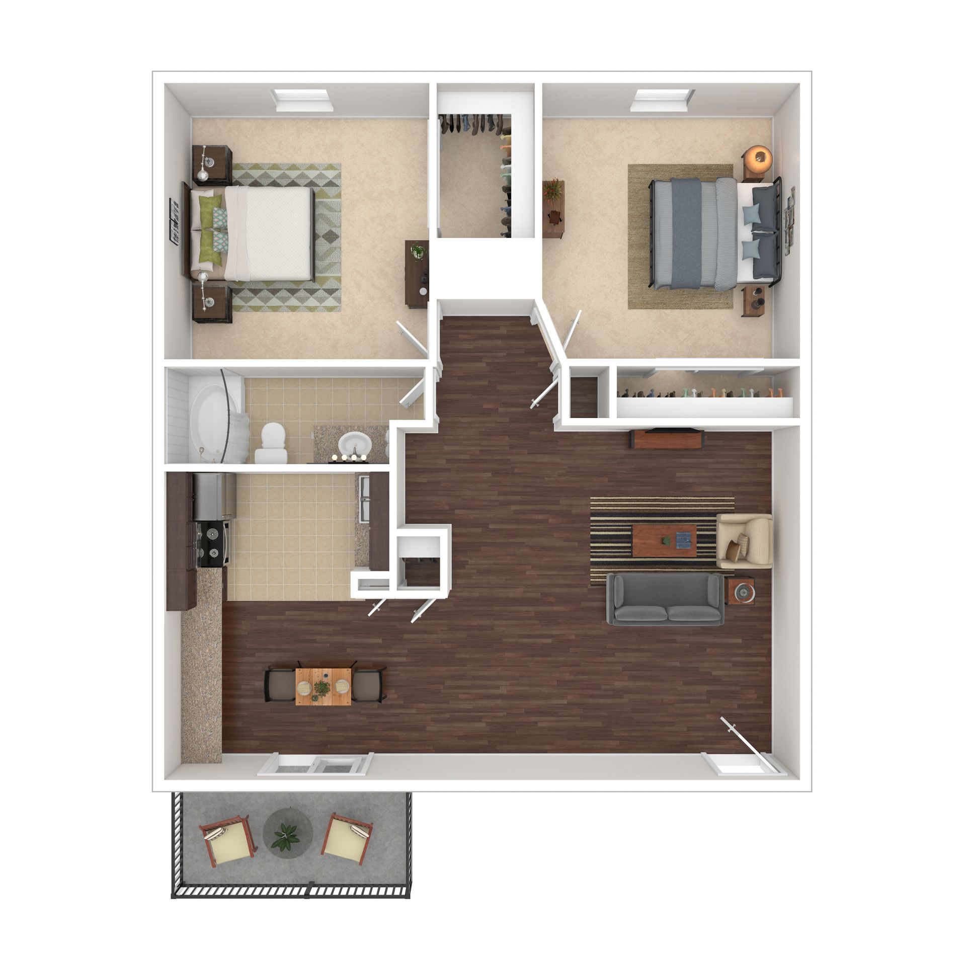 Floor plan of a two-bedroom apartment with a balcony, showing layout and furniture placement.