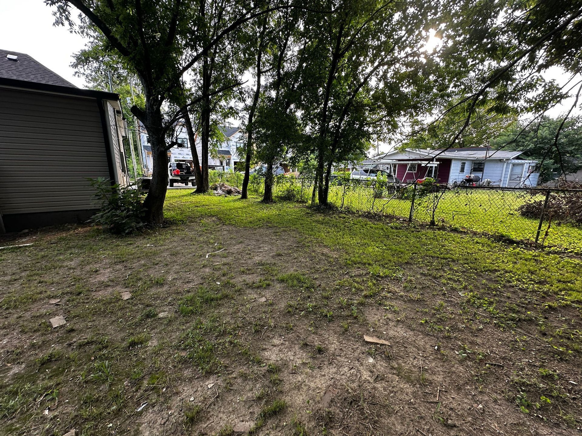 Grassy yard with trees, a building on the left, and houses in the distance. Sunlight shines through the trees.