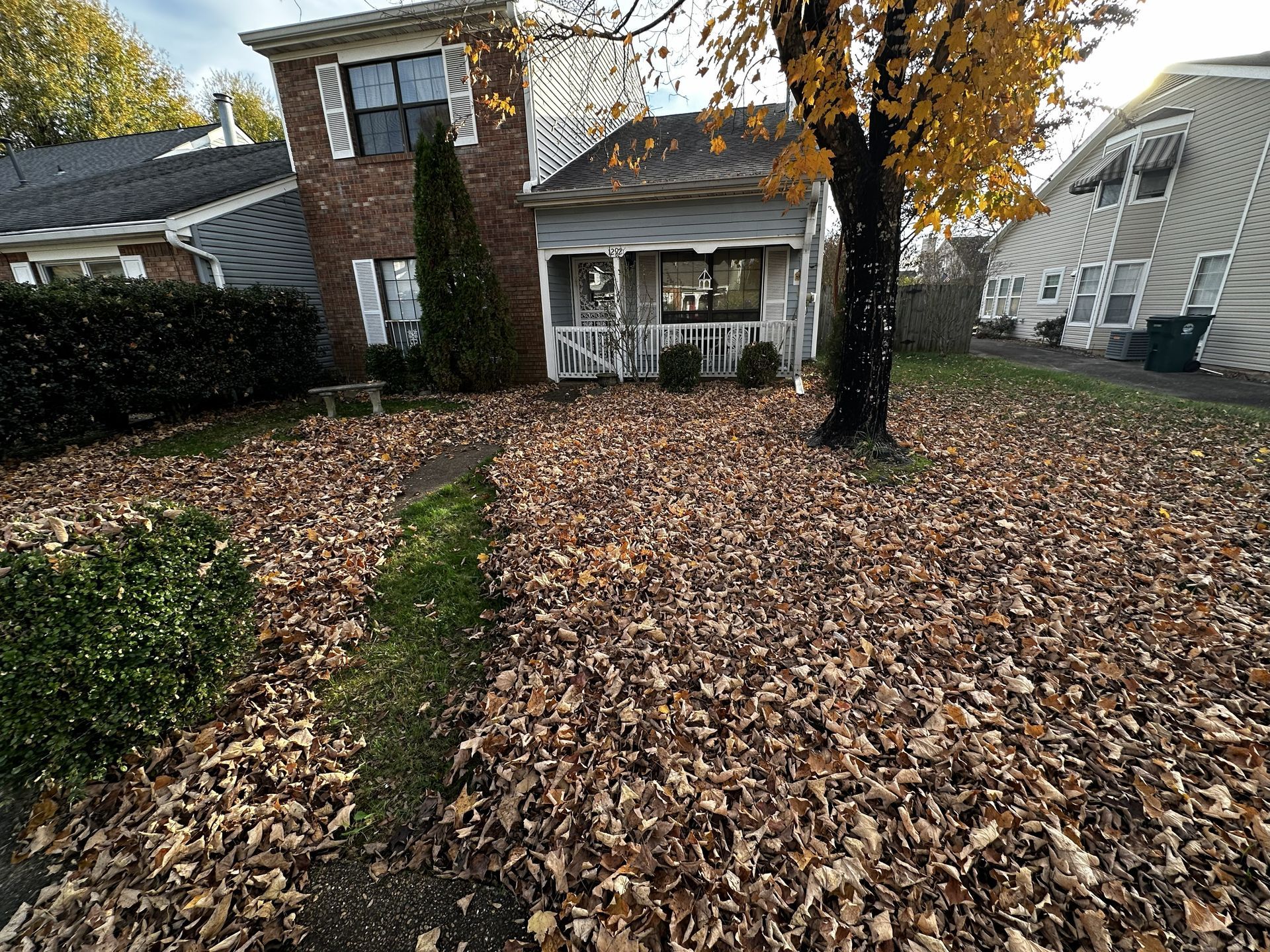 House with porch and yard covered in fallen brown leaves. Sunny day.
