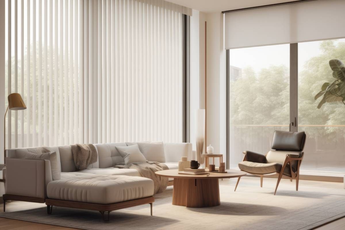 Modern home interior with white vertical blinds decorating one large window