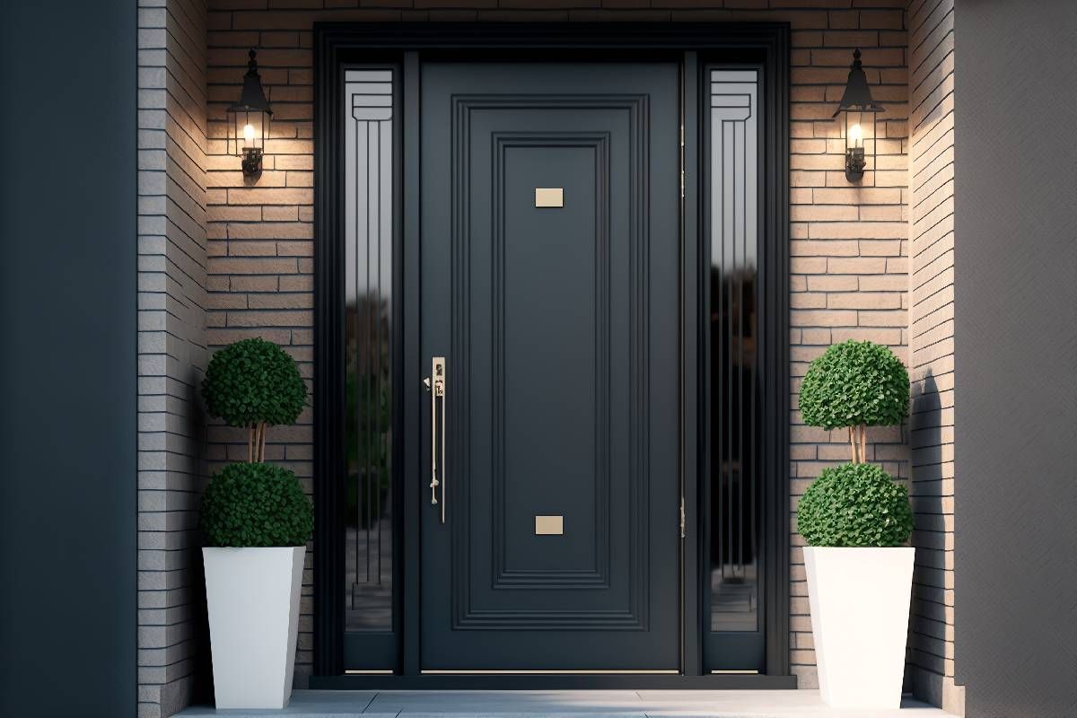 An elegant, black front door from the outside with potted plants on either side