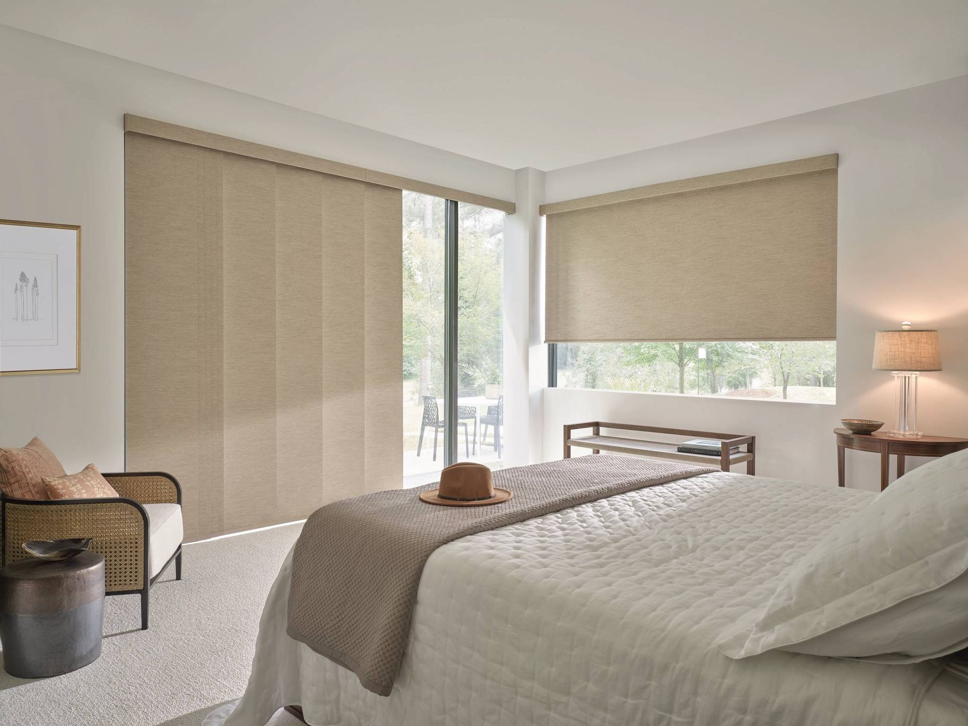 Hunter Douglas Solar Shades covering bedroom windows near Austin, TX