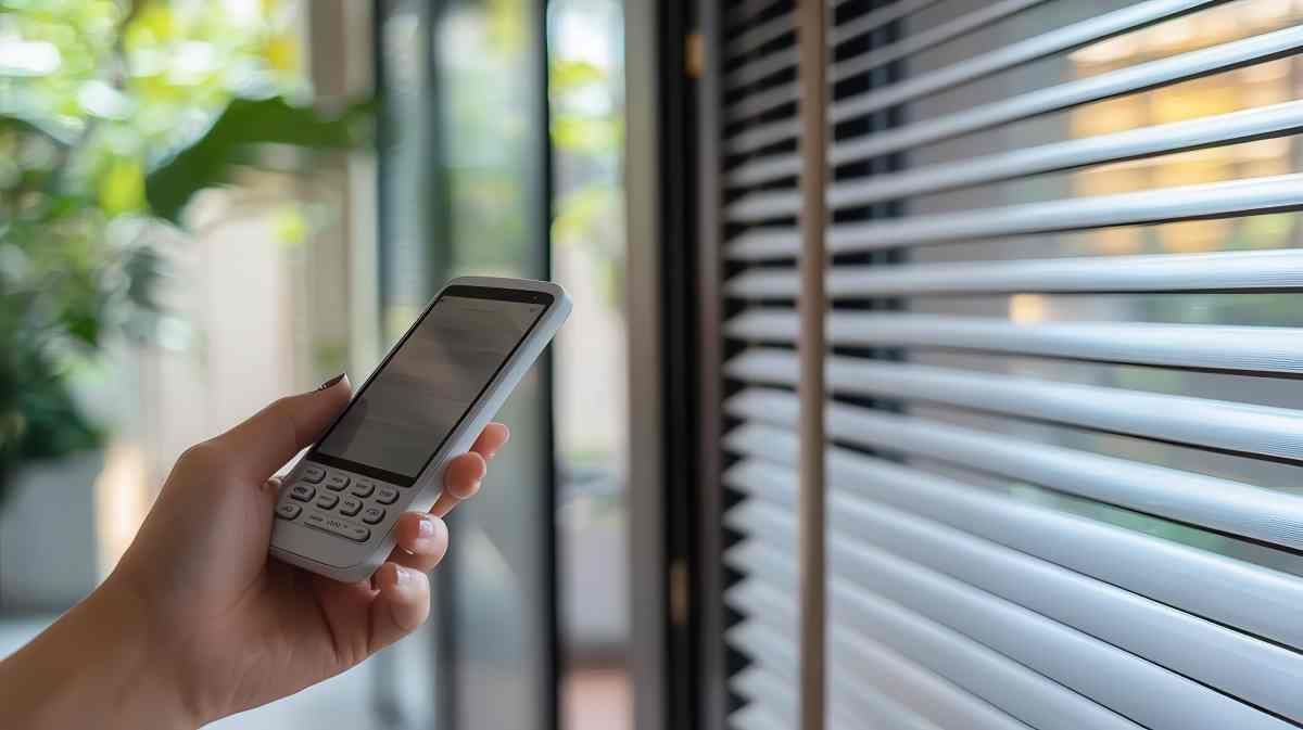 Hand holding a remote control to control blinds near Spicewood, TX.