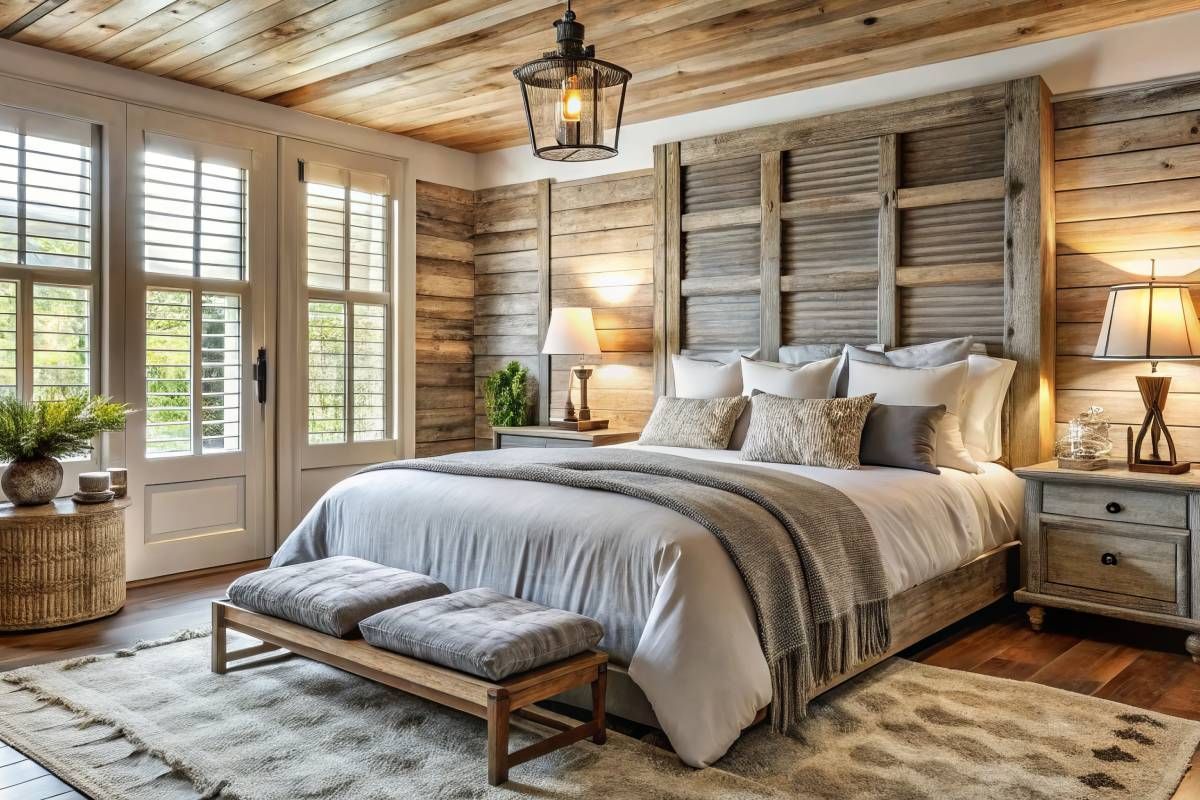 Rural Texas bedroom featuring farmhouse shutters near Spicewood, TX