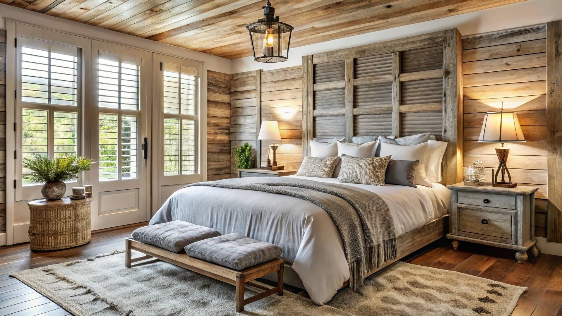 Rural Texas bedroom featuring farmhouse shutters near Spicewood, TX