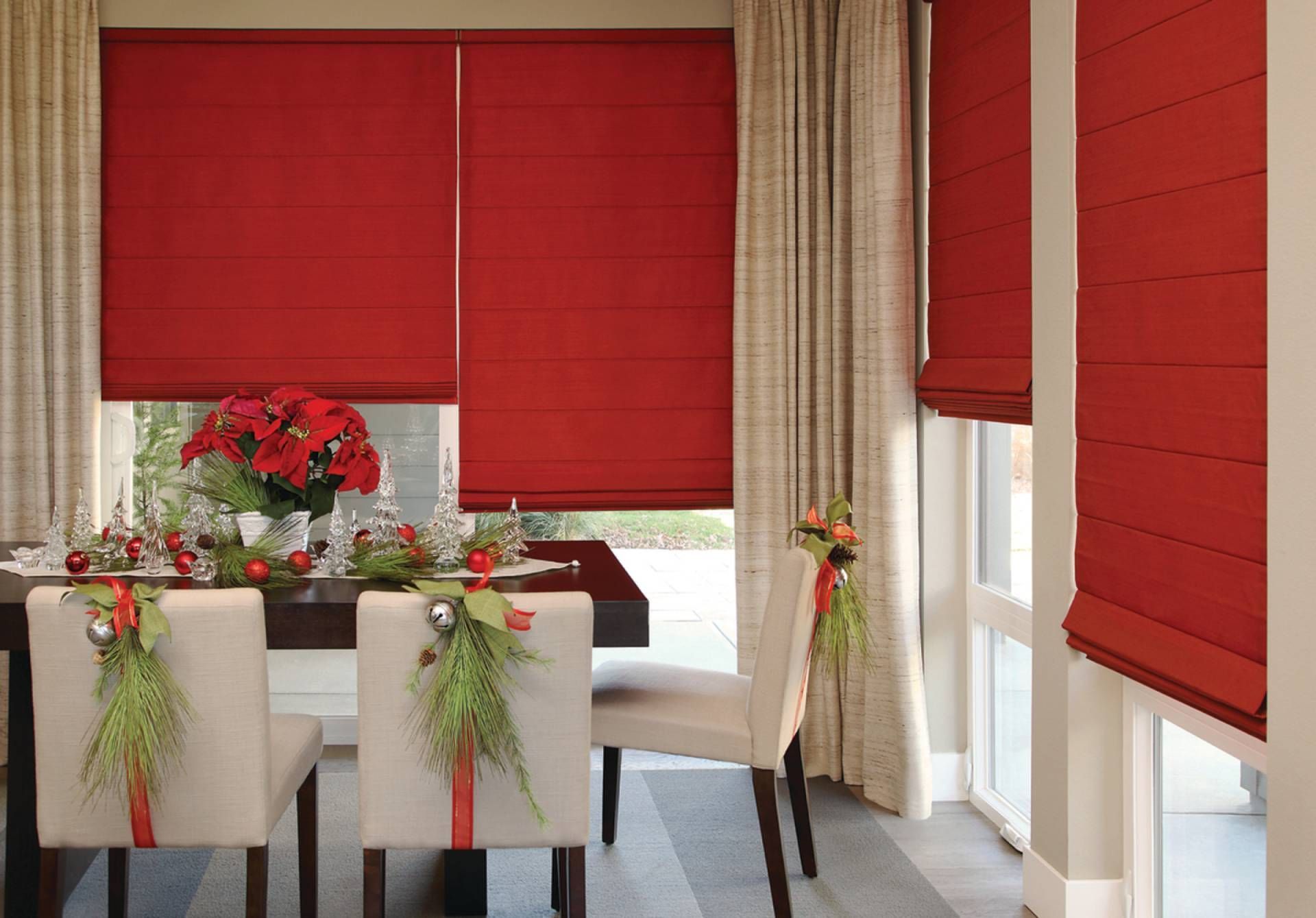 Hunter Douglas Roman shades in a dining room during the holiday season near Austin, TX