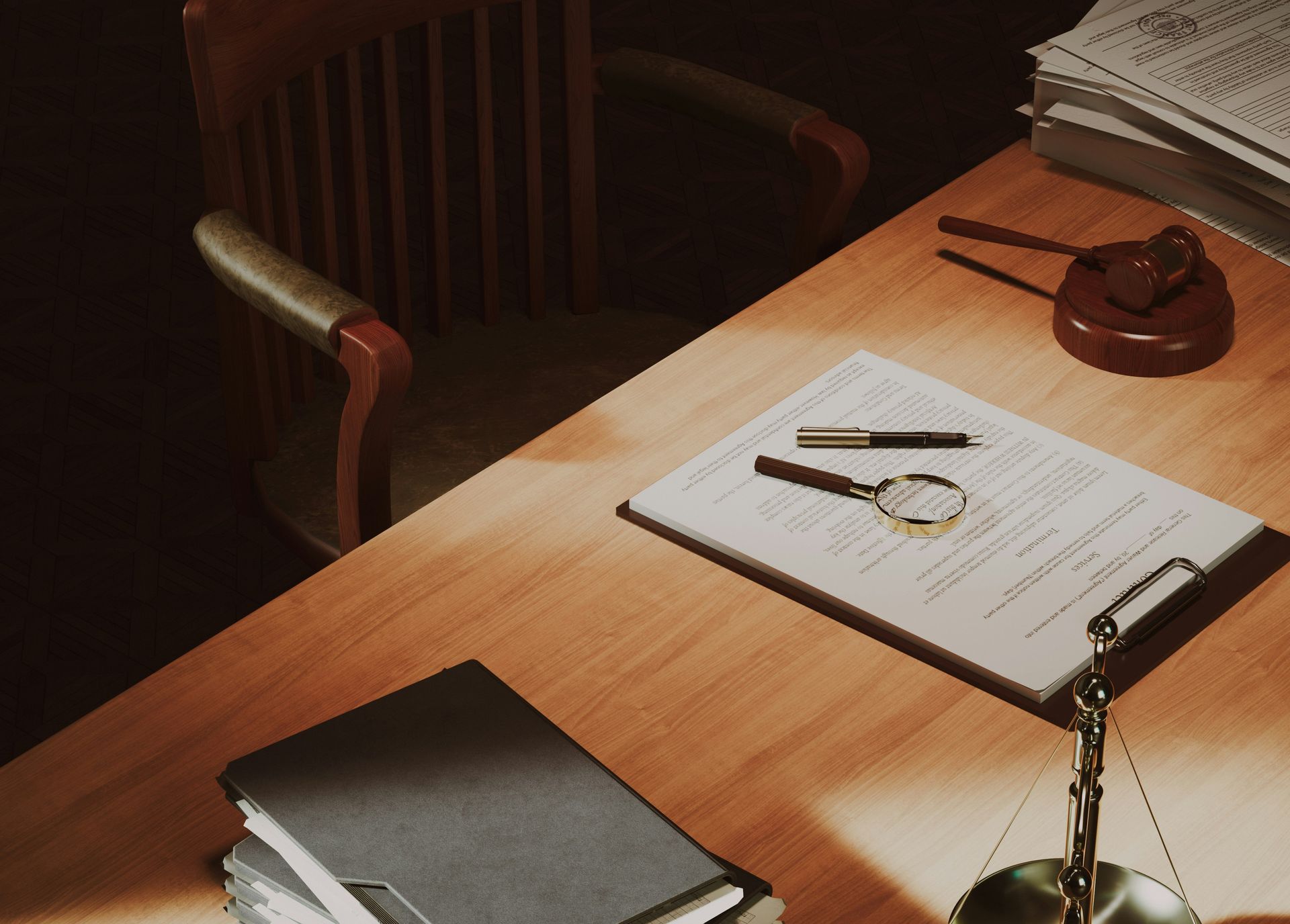 A desk with a magnifying glass and a clipboard on it