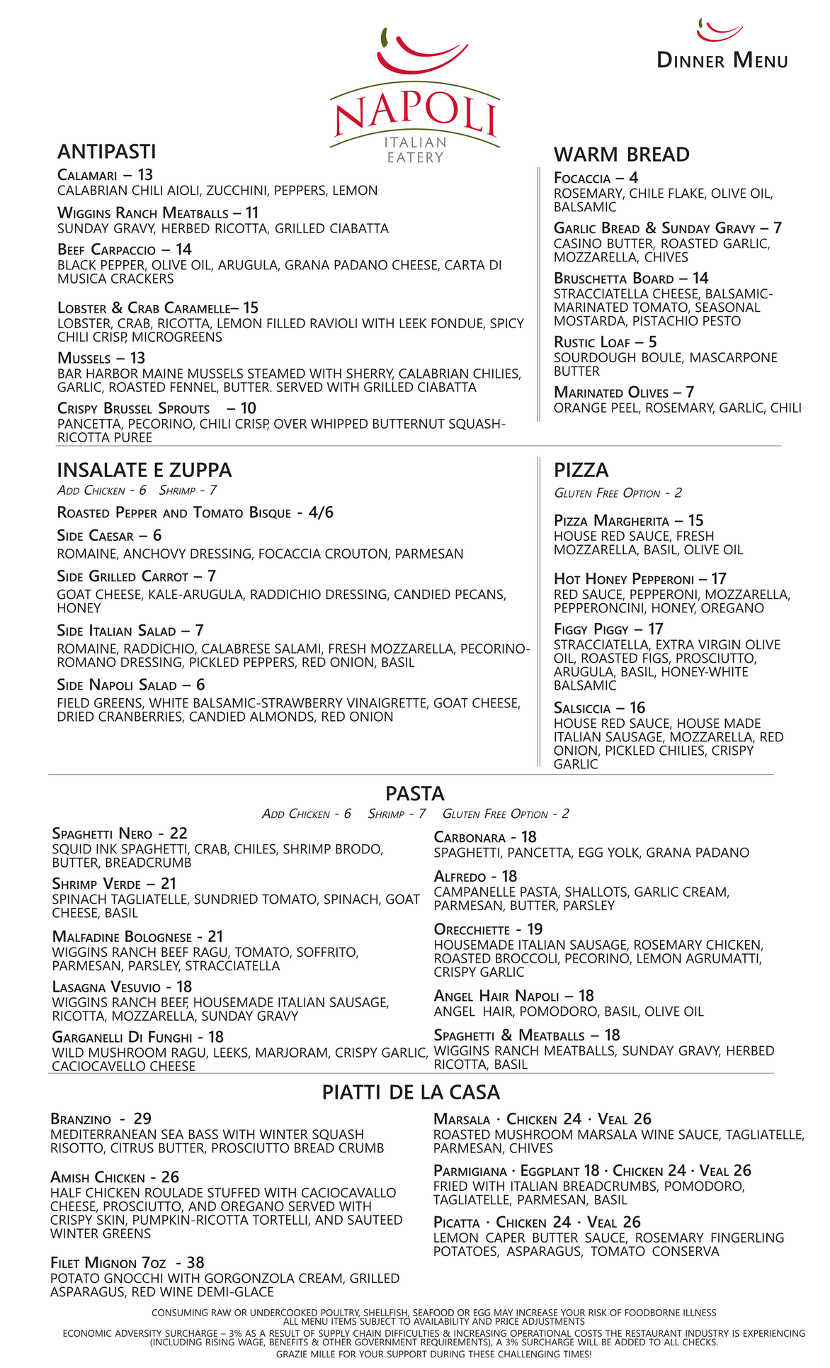 Dinner Menu — Wichita, KS — Napoli Italian Eatery