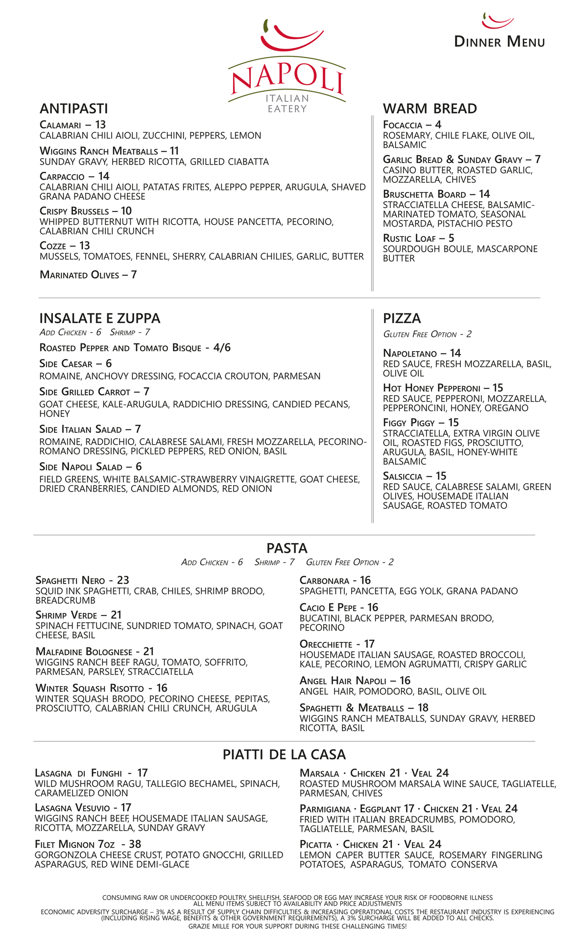Dinner Menu — Wichita, KS — Napoli Italian Eatery