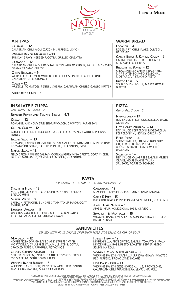 Lunch Menu — Wichita, KS — Napoli Italian Eatery