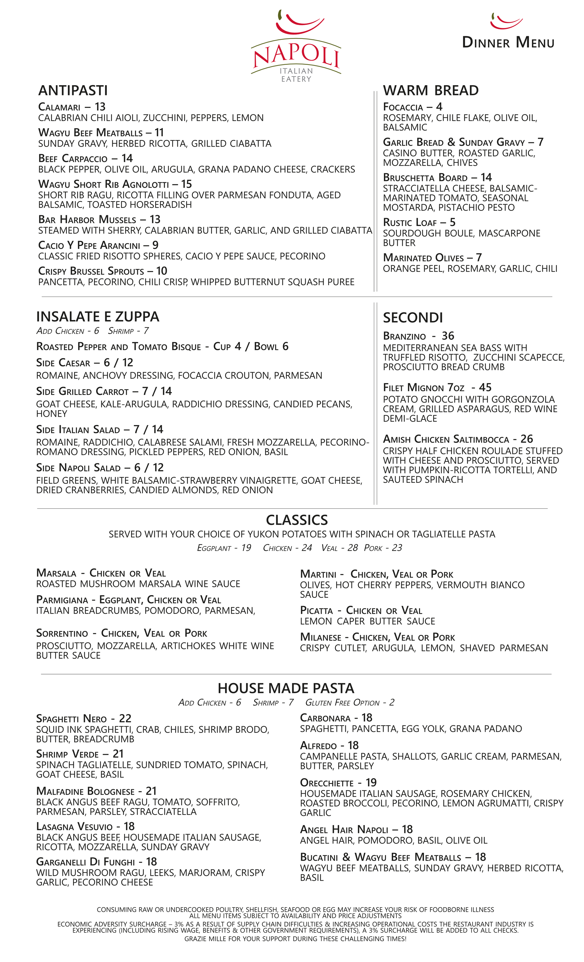 Dinner Menu — Wichita, KS — Napoli Italian Eatery