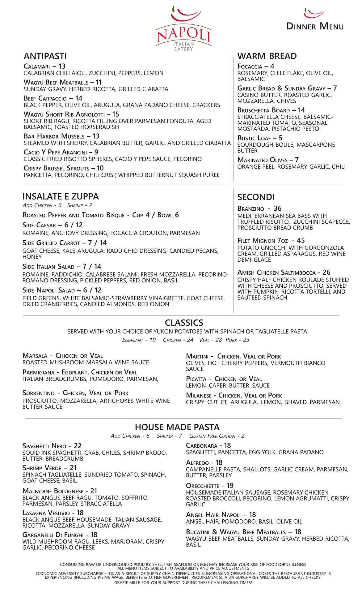 Dinner Menu — Wichita, KS — Napoli Italian Eatery