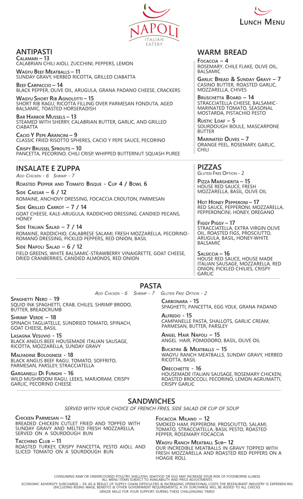 Lunch Menu — Wichita, KS — Napoli Italian Eatery