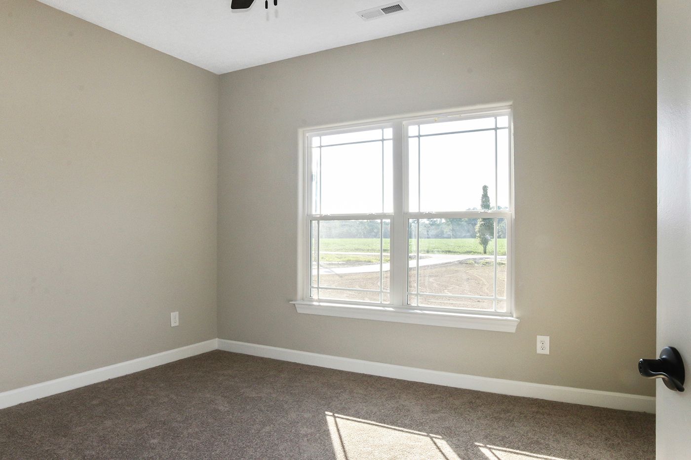 An empty bedroom with two windows and a carpeted floor.