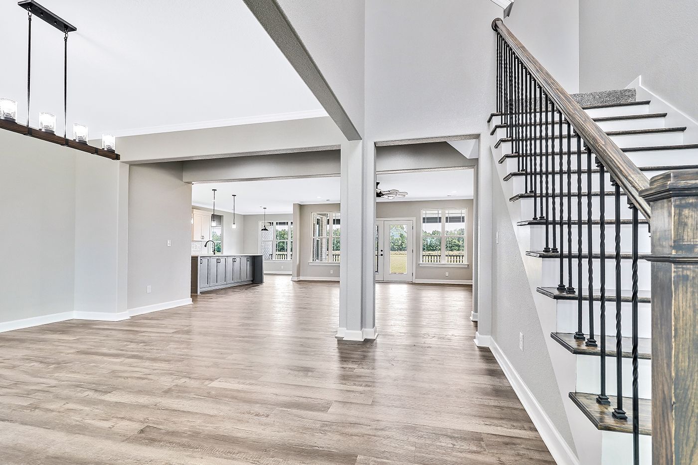 There is a staircase in the middle of the room.