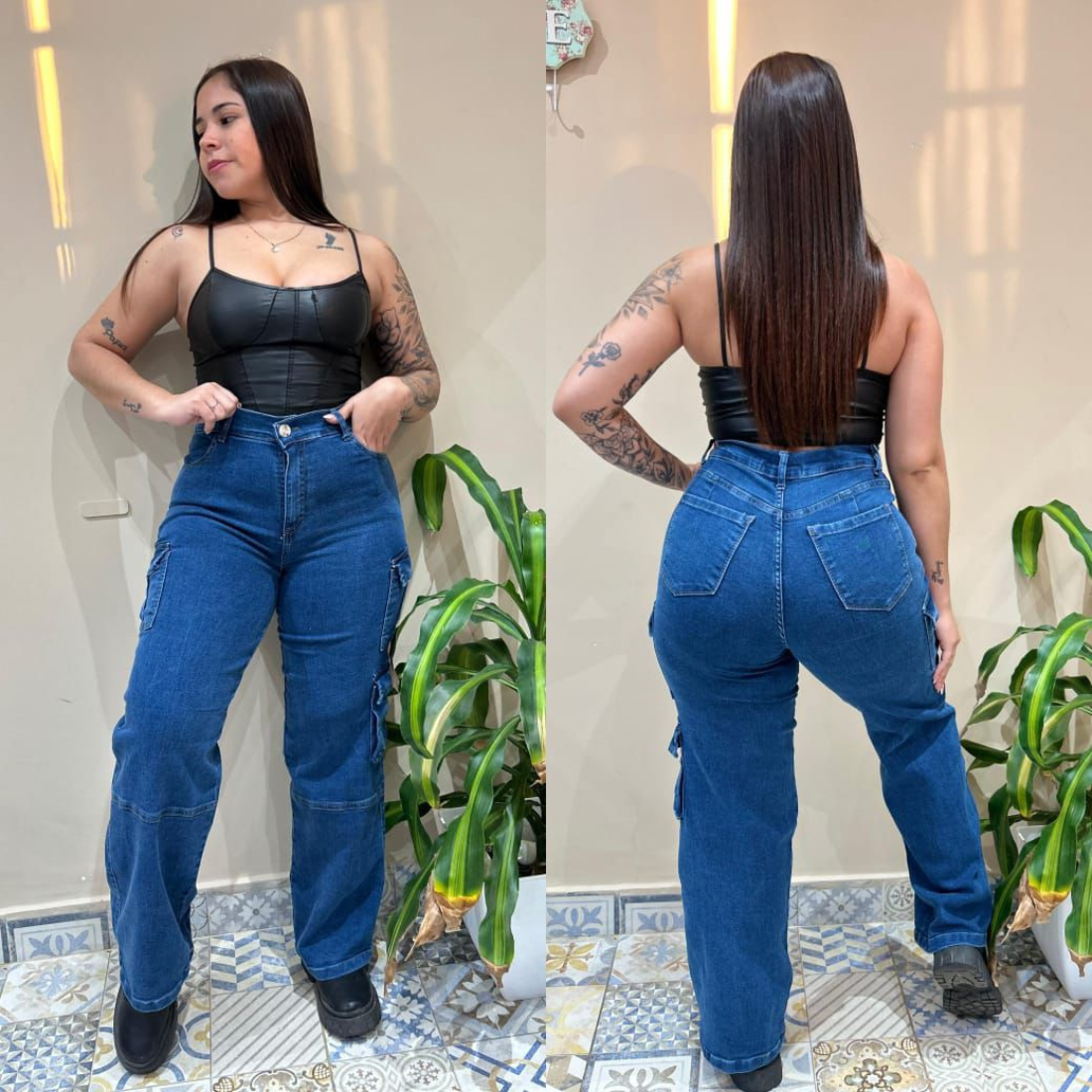 Mujer con top negro y jeans azules posando, vistas frontal y posterior.