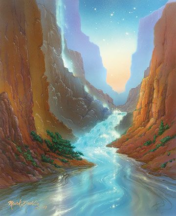 A painting of a person standing on a bridge in the sky.