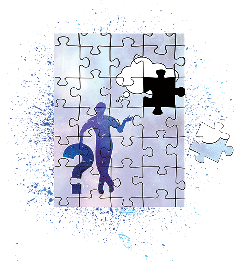 A painting of a person standing on a bridge in the sky.