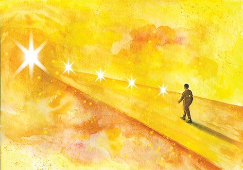 A painting of a person standing on a bridge in the sky.