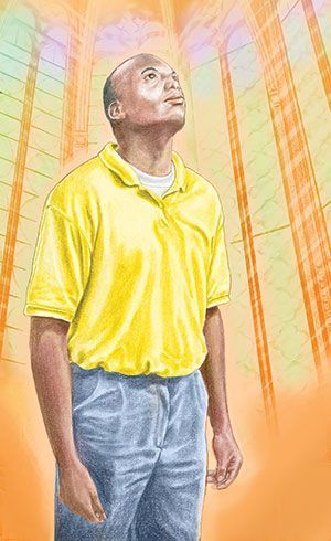 A painting of a person standing on a bridge in the sky.