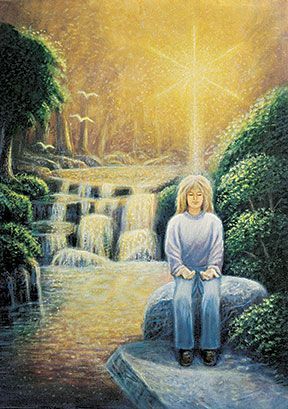 A painting of a person standing on a bridge in the sky.