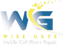 Logo for Wise Guys Mobile Cell Phone Repair: "WG" in blue gradient, yellow swoosh, and text "Wise Guys" and "Mobile Cell Phone Repair."