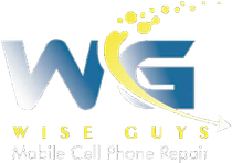 Logo for Wise Guys Mobile Cell Phone Repair: "WG" in blue gradient, yellow swoosh, and text "Wise Guys" and "Mobile Cell Phone Repair."
