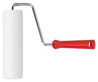 Paint roller with white fuzzy cylinder and red handle.