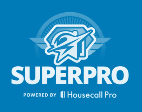 A blue logo for superpro powered by housecall pro