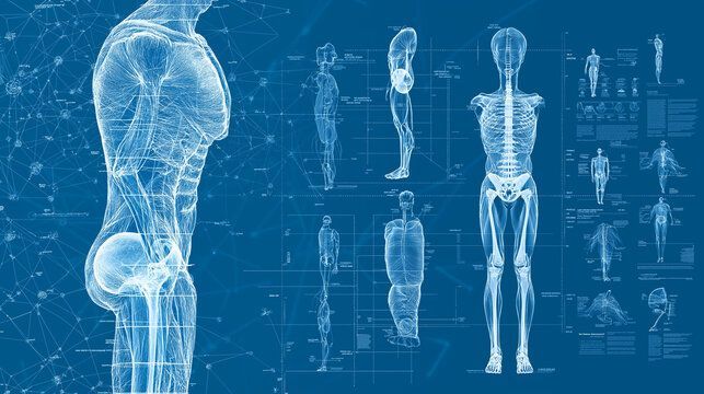 Blue anatomical blueprint: human figure side and front views, skeleton, internal organs, and diagrams.