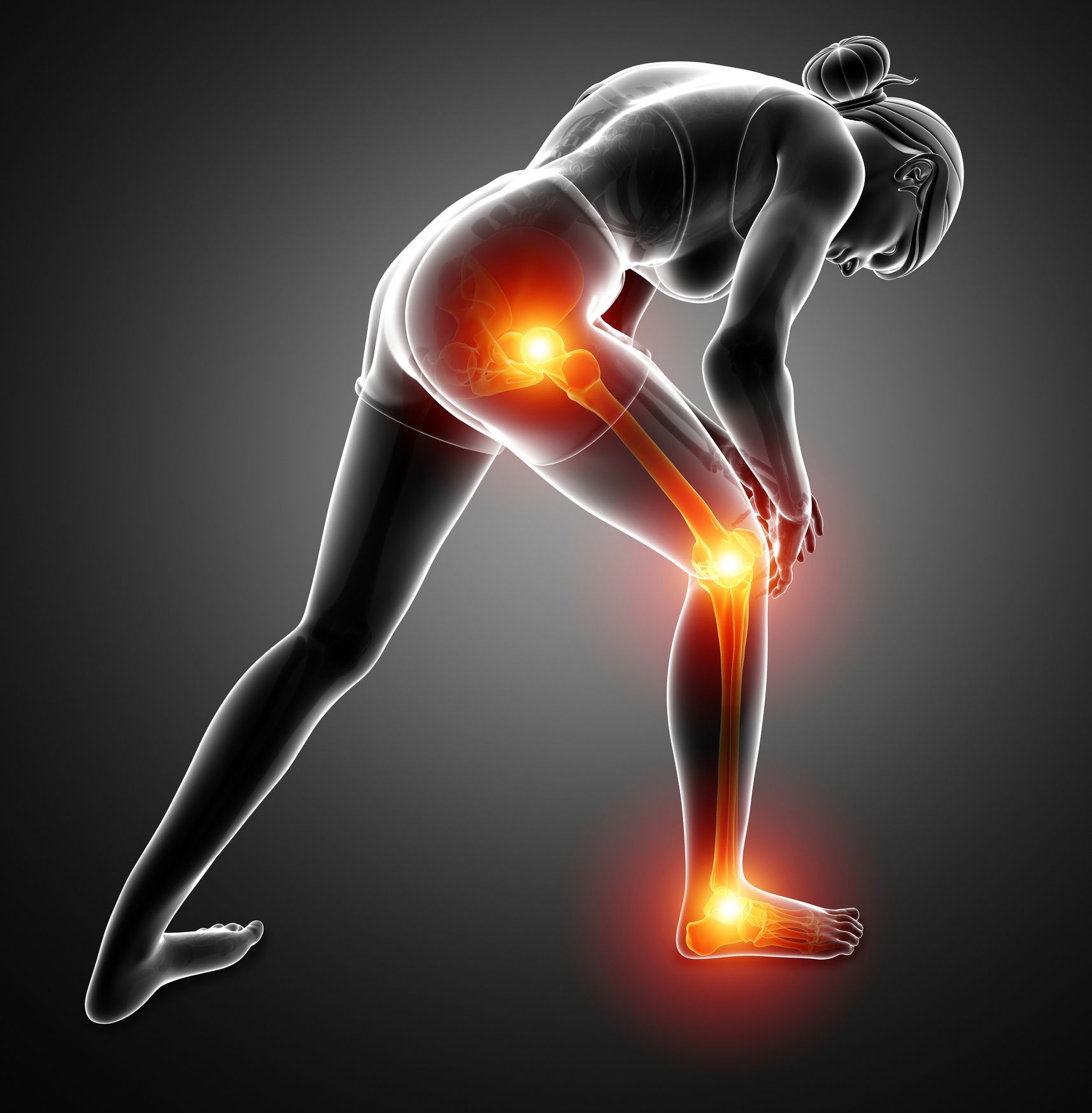 Woman with highlighted joint pain in hip, knee, and ankle. Leaning over with hands on knee.