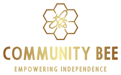 Gold bee within a honeycomb, above text 