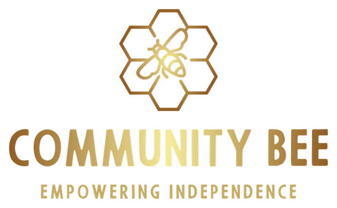 Gold bee within a honeycomb, above text 