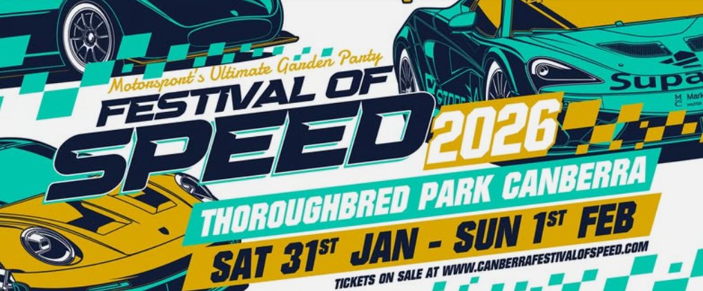 Festival of Speed 2026 event poster. Features race cars, teal, yellow, and black colors, and event details.