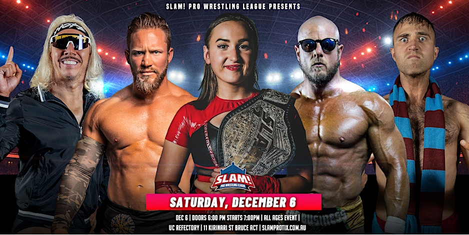 Wrestling event poster featuring five wrestlers, on a stage with a blue and red background.