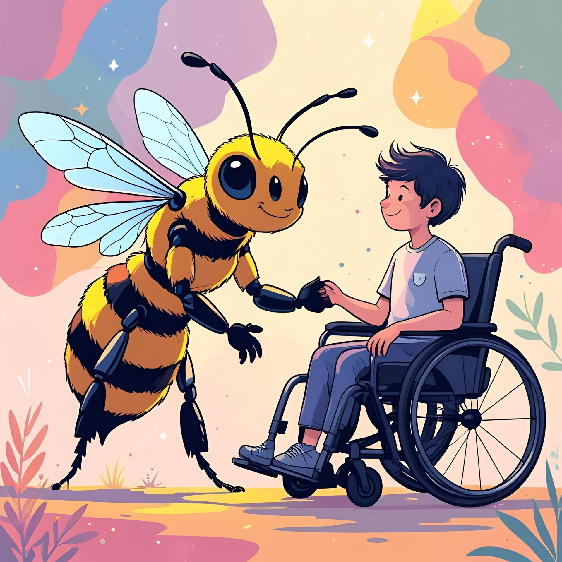 A large bee, smiling, shakes hands with a boy in a wheelchair against a colorful background.