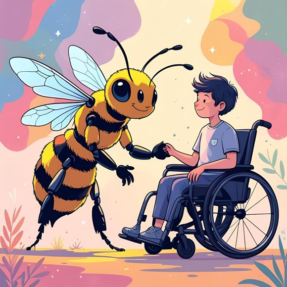 A large bee, smiling, shakes hands with a boy in a wheelchair against a colorful background.