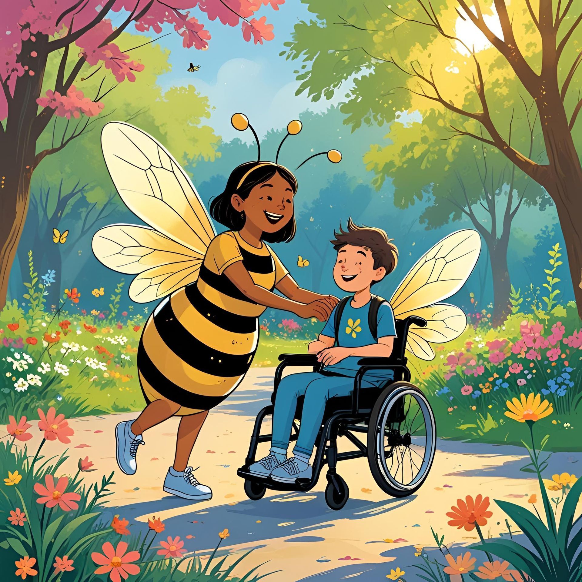 A person in a bee costume assists a child in a wheelchair, both with wings, in a colorful park.